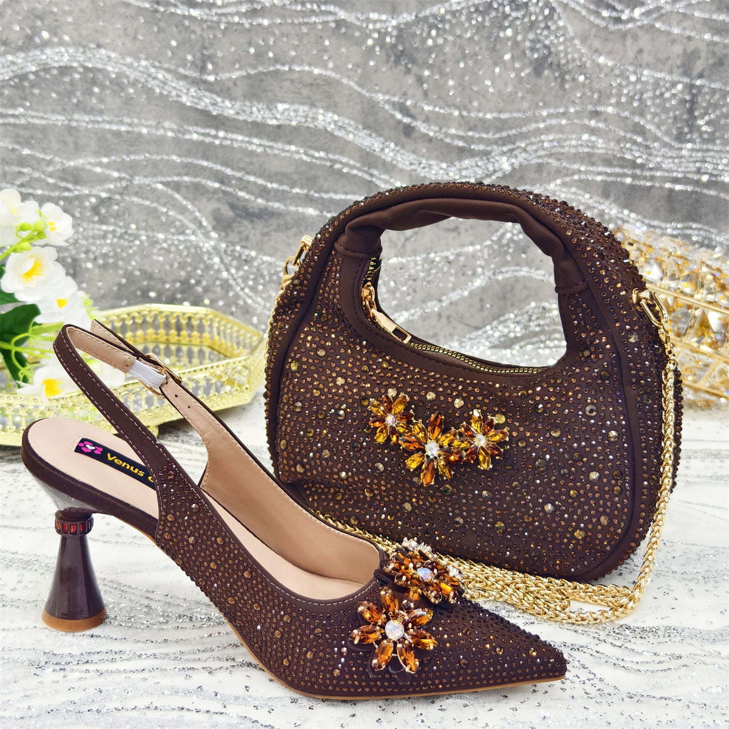 Pointed Toe High Heel Rhinestone Flower Shoes With Handbag Soft - Sophinity