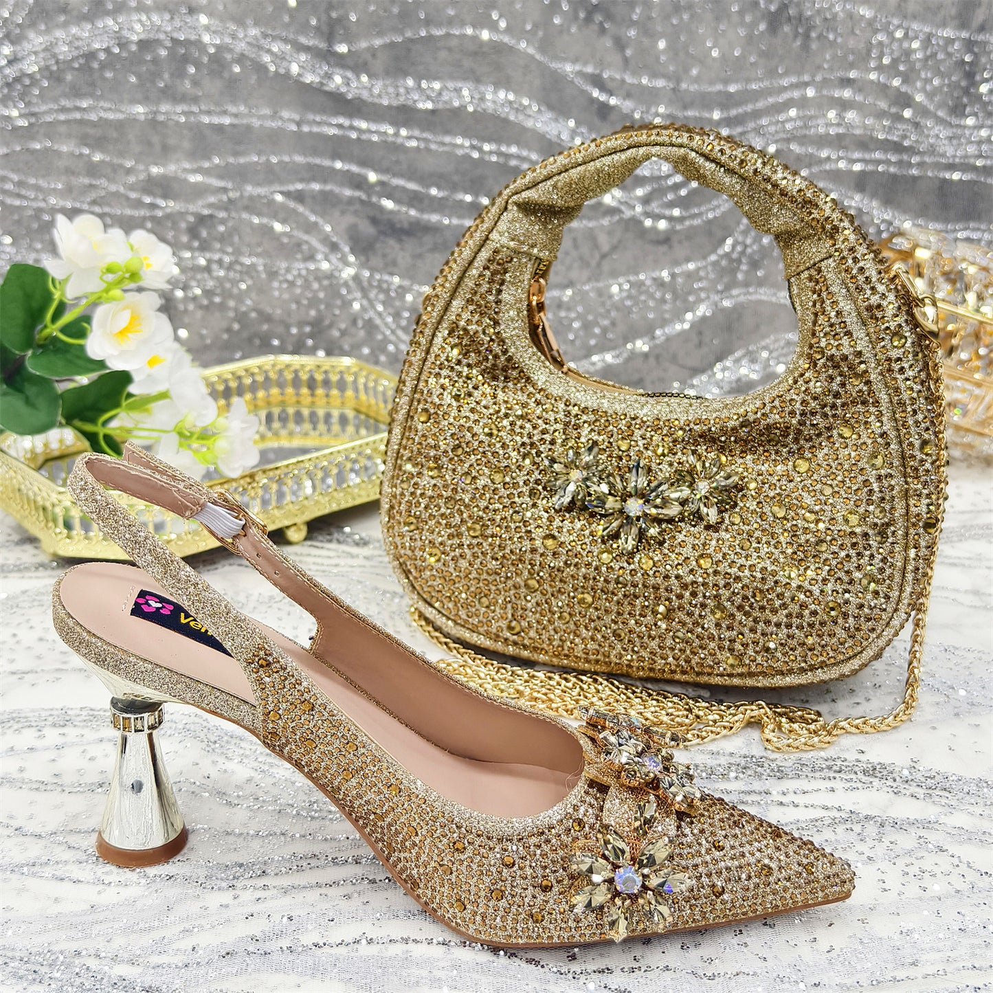 Pointed Toe High Heel Rhinestone Flower Shoes With Handbag Soft - Sophinity