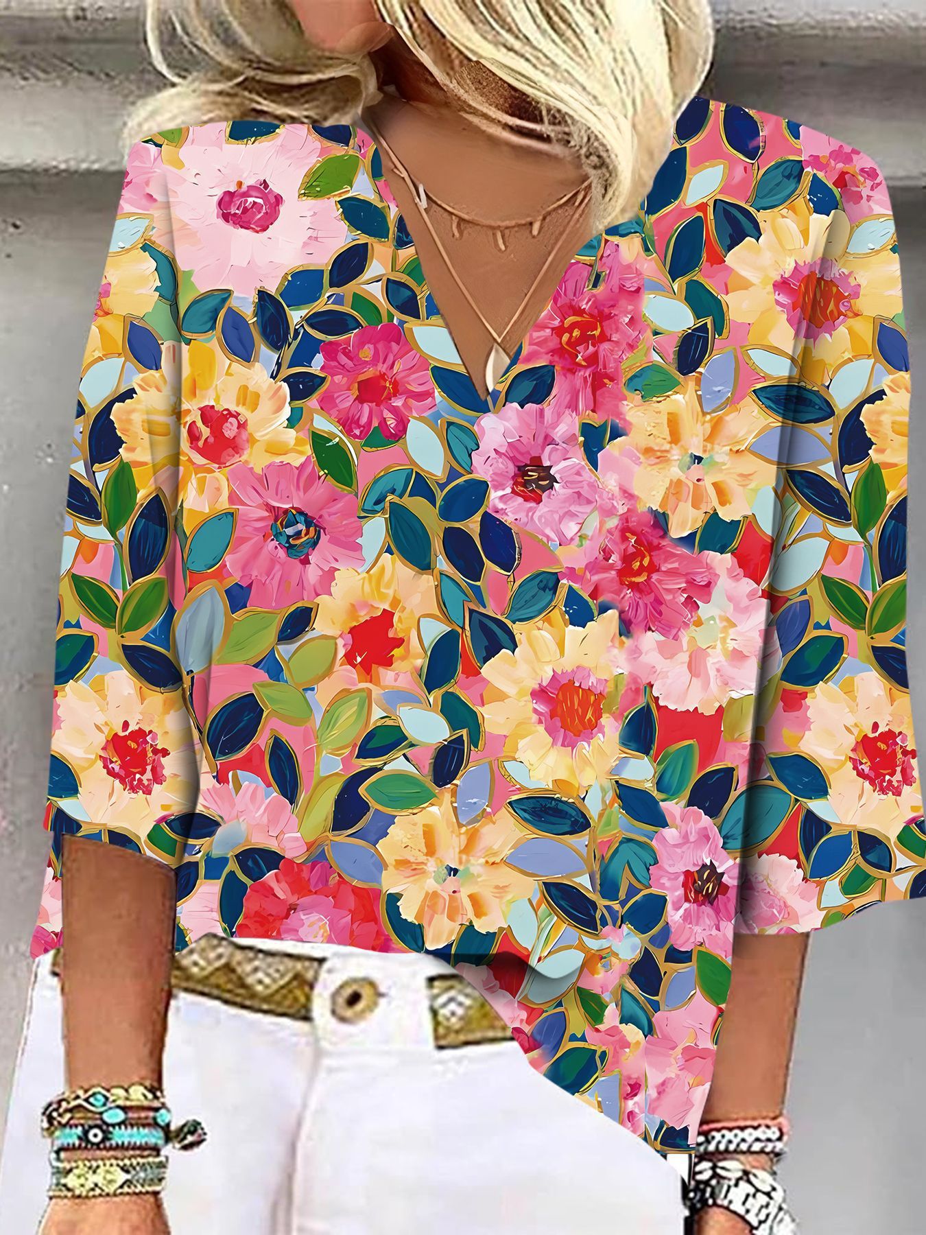 V-neck T-shirt With Seven Quarter Sleeves Top