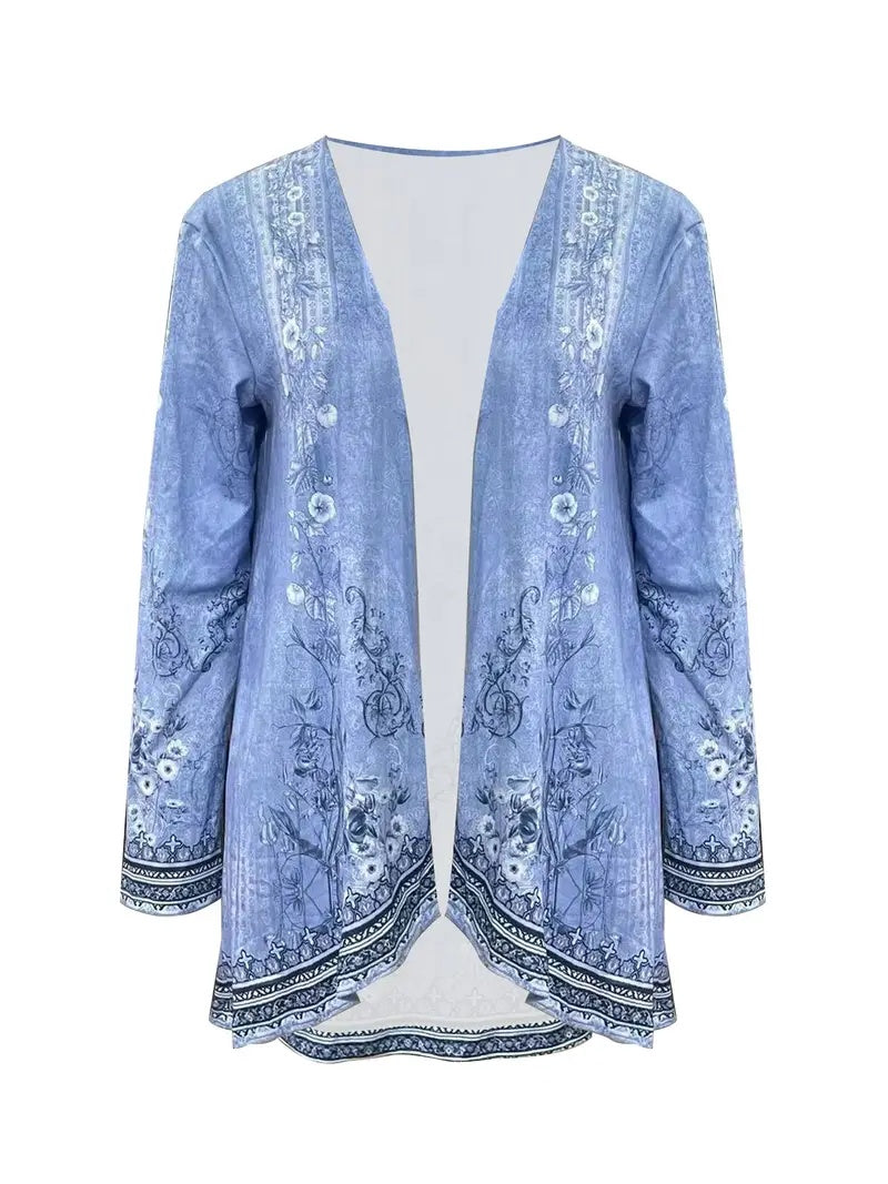 Spring And Autumn New Women's Top Printed Cardigan Casual Long Sleeve Light Jacket Blue - Sophinity