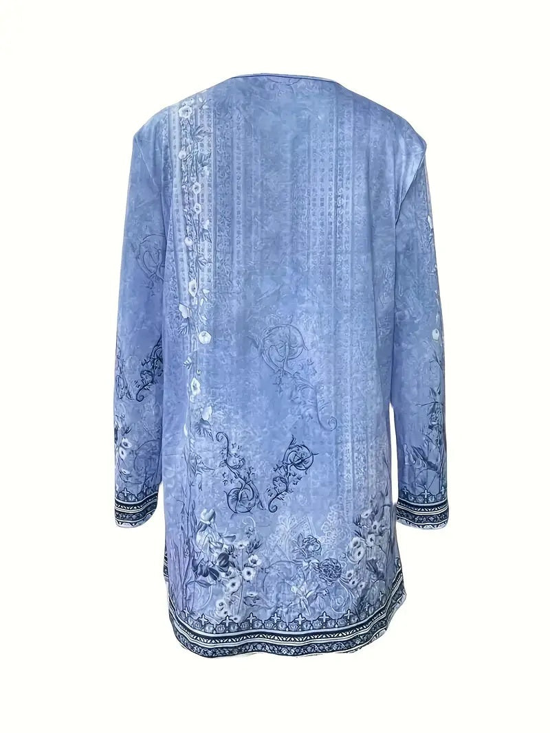 Spring And Autumn New Women's Top Printed Cardigan Casual Long Sleeve Light Jacket Blue - Sophinity