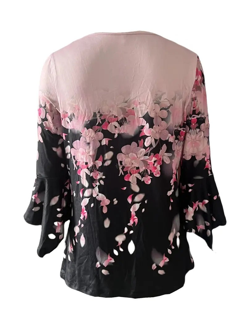 Spring And Autumn New Printed Spike Button Irregular Three-quarter Sleeve T-shirt Casual Top
