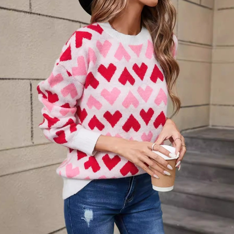 Winter Love Round Neck Pullover Small Peach Heart Sweater For Women