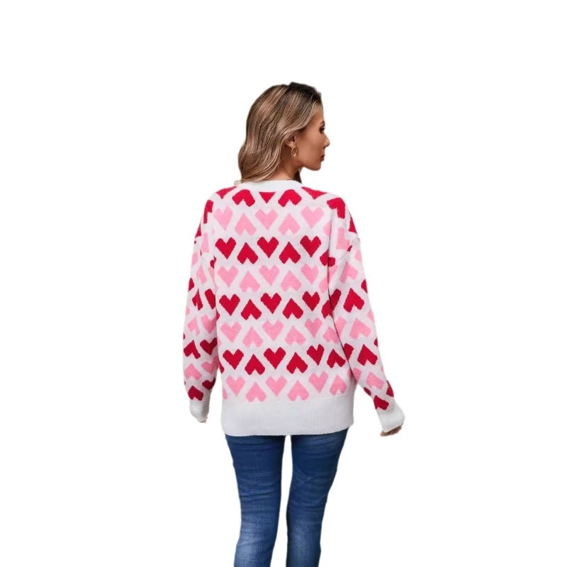 Winter Love Round Neck Pullover Small Peach Heart Sweater For Women