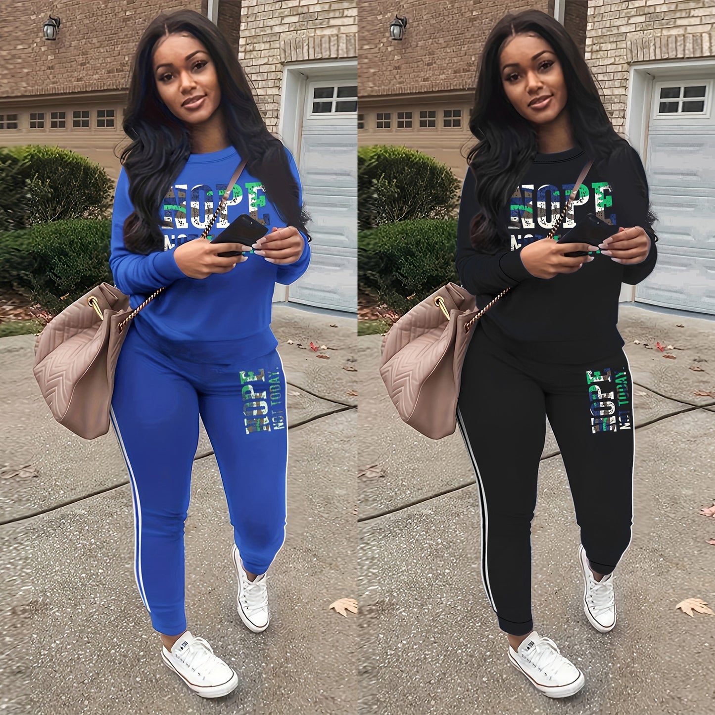Women's Autumn And Winter Fleece-lined NOPE Letter Printing Long Sleeve Trousers Suit