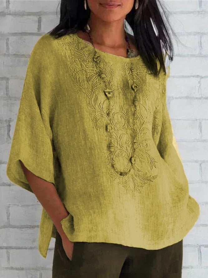 Autumn And Winter Women's Three-quarter Sleeve Loose Casual Print T-shirt Linen Cotton And Linen