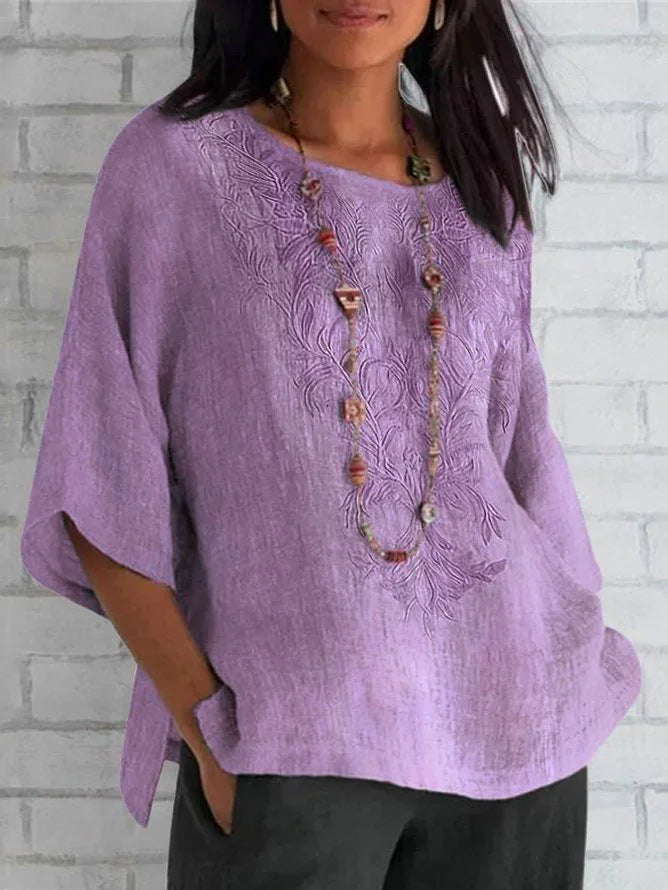 Autumn And Winter Women's Three-quarter Sleeve Loose Casual Print T-shirt Linen Cotton And Linen