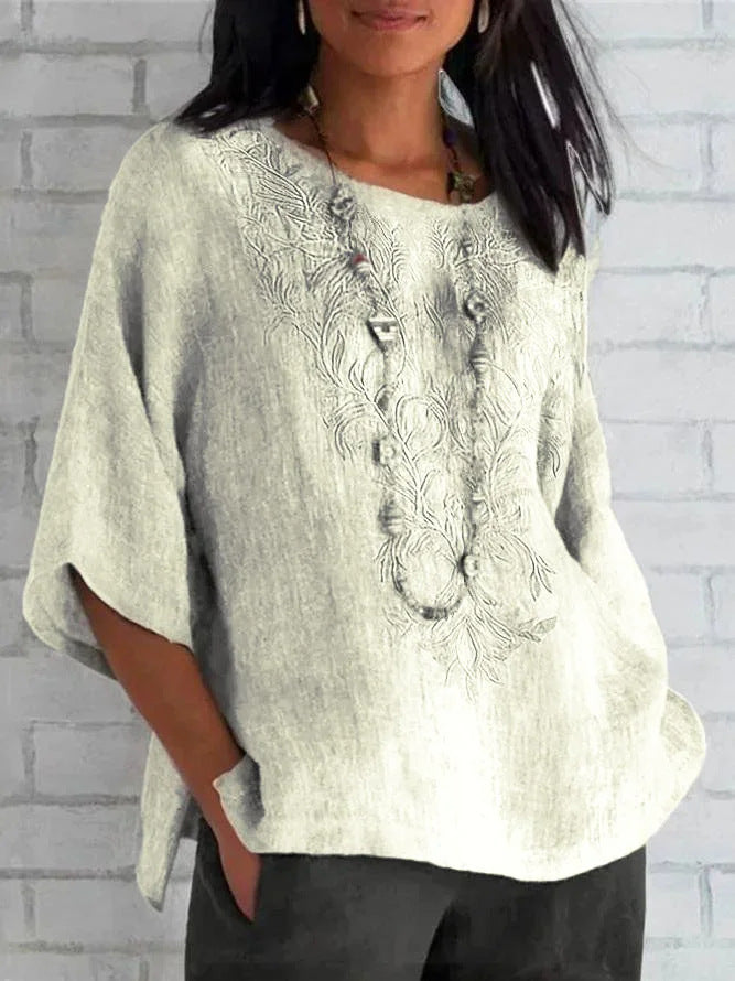 Autumn And Winter Women's Three-quarter Sleeve Loose Casual Print T-shirt Linen Cotton And Linen