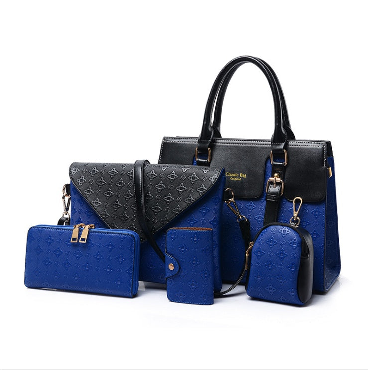 Luxury leather handbags set in blue and black featuring various styles and sizes for versatile use