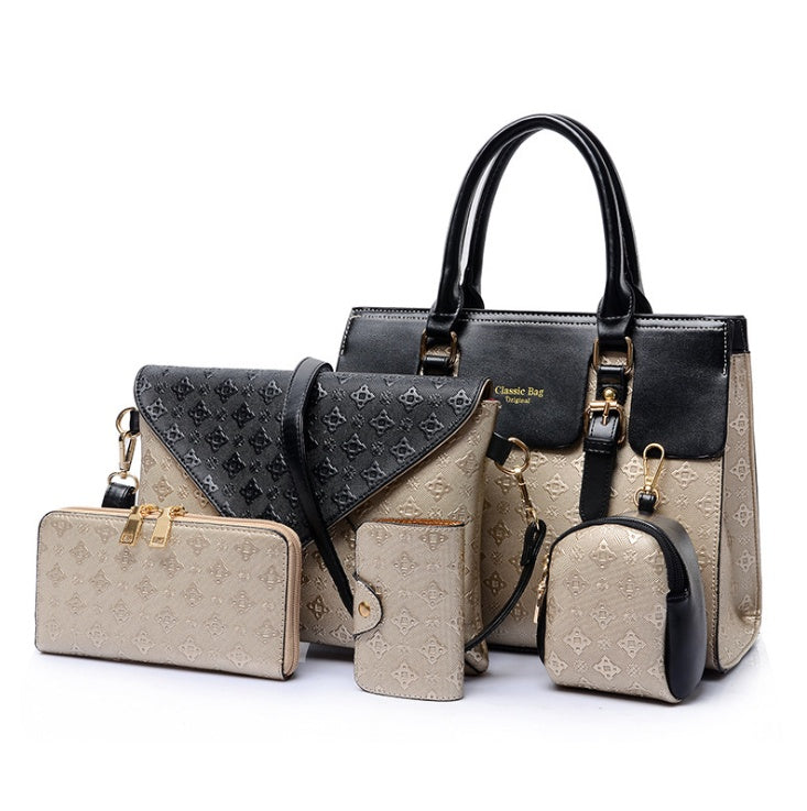Luxury leather handbags set in black and beige featuring various stylish bags and accessories