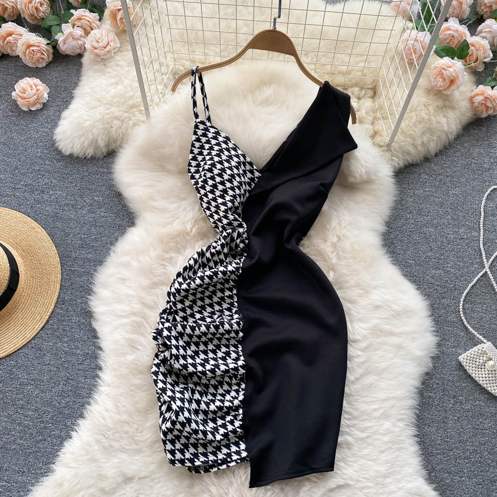 Stylish contrast panel slip dress with one shoulder design and chic black and white patterns