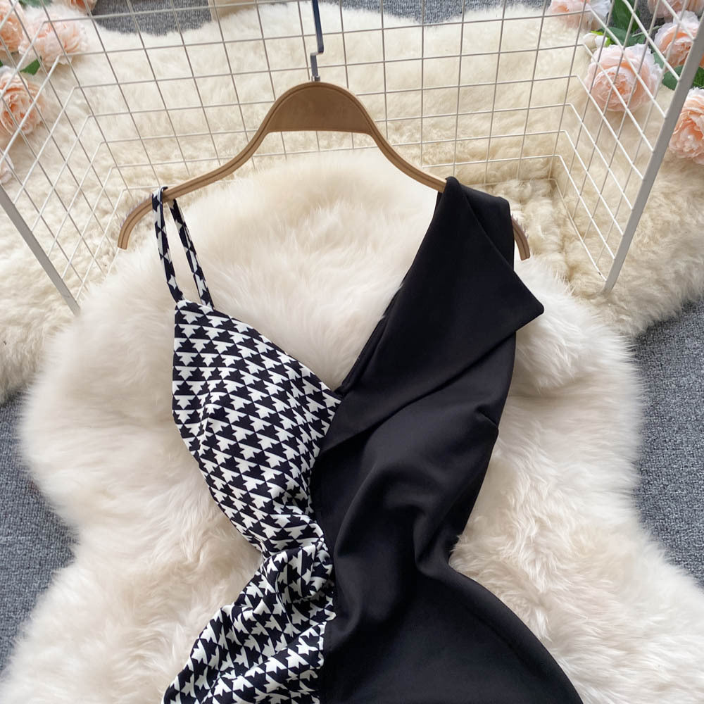 Stylish contrast panel slip dress featuring a houndstooth pattern and solid black fabric