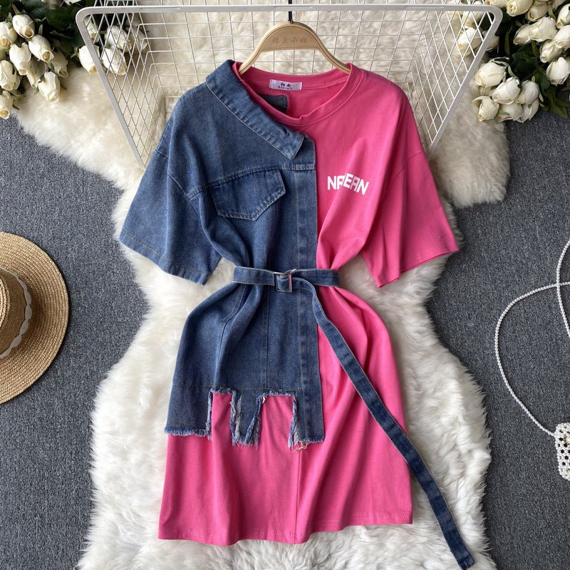 Round Neck Denim Patchwork Dress - Sophinity