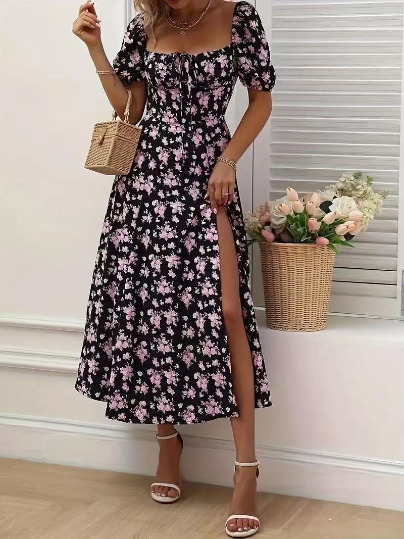 Floral Print Short Sleeve Split Dress Summer Fashion Lace-up Beach Long Dresses Women's Clothing - Sophinity