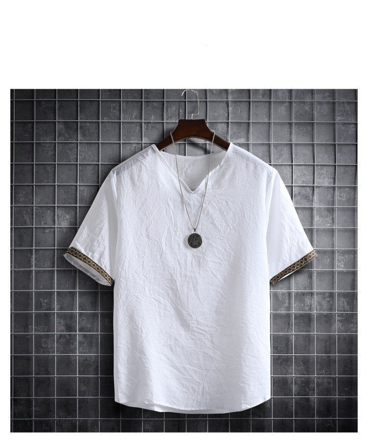 Vintage Linen V - Neck Short Sleeve T-Shirt Running Volume - Sophinity