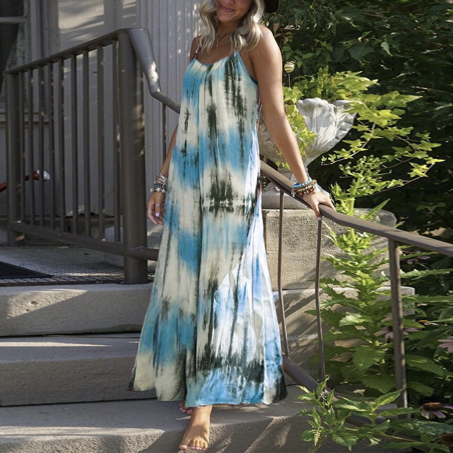 European And American Tie - dye Striped Printing Slip Plus Size Dress - Sophinity