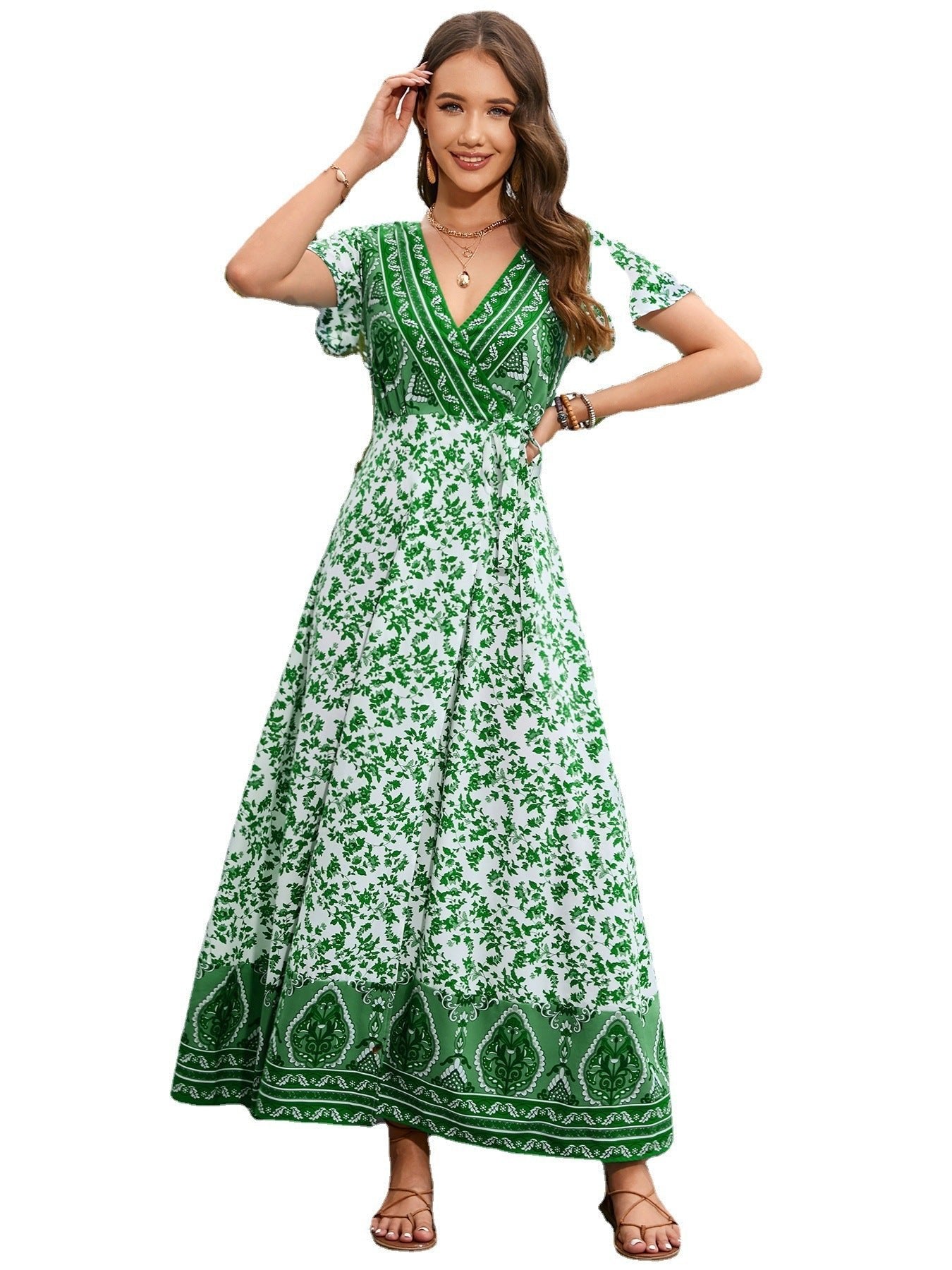 Women's V - neck Summer Bohemian Casual Short Sleeve Floral Print Maxi Dress - Sophinity