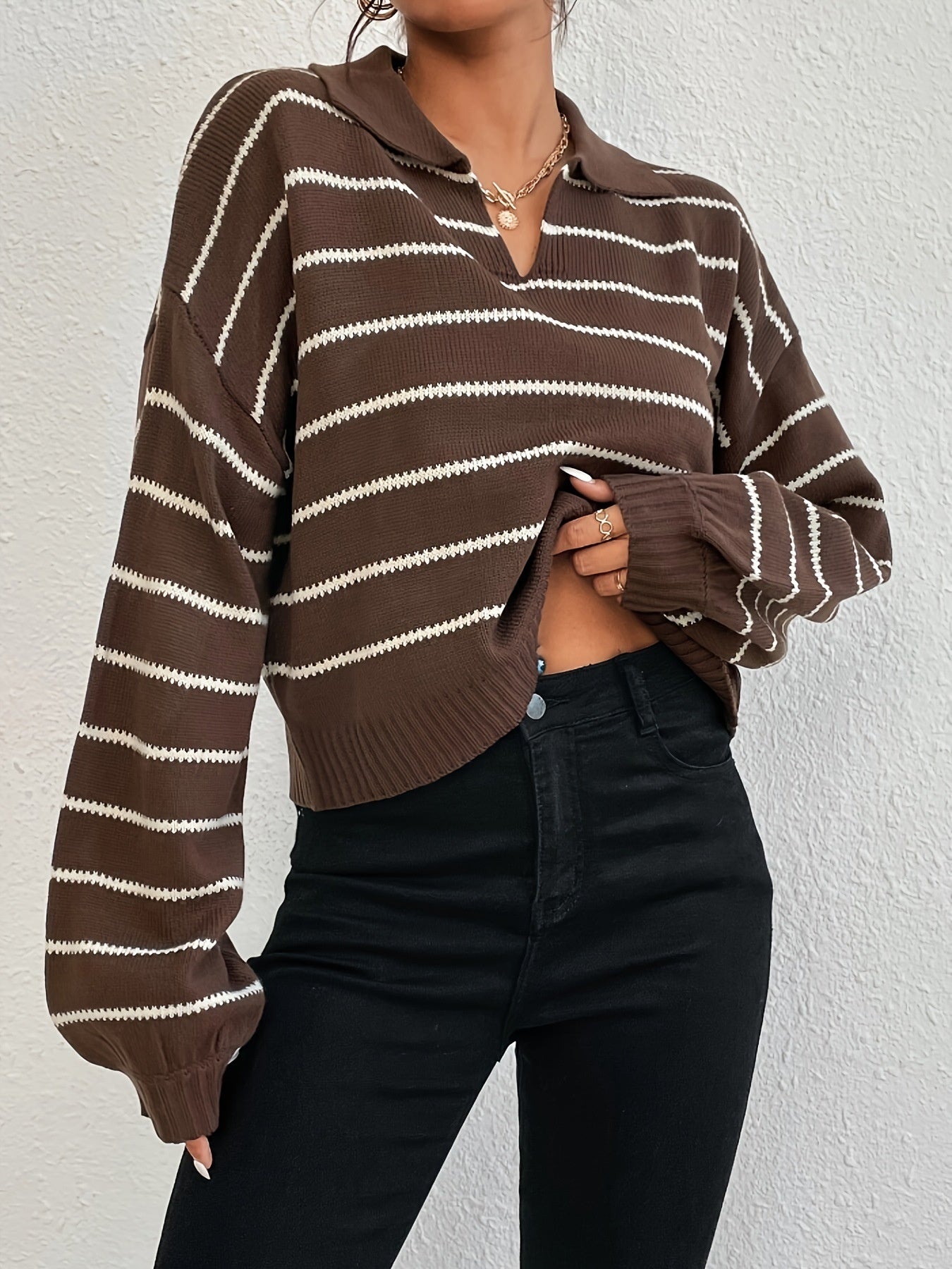Winter Loose All-matching Striped Lapel Knitted Pullover Sweater - Sophinity