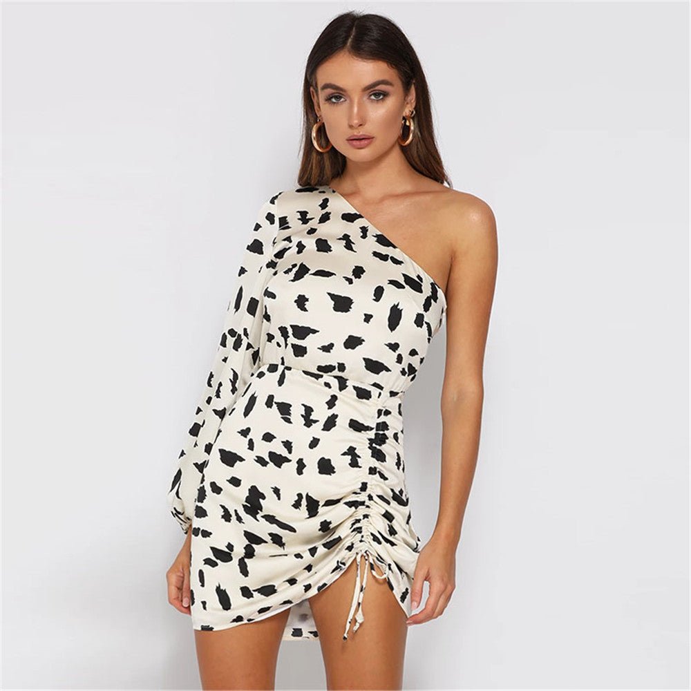 Women's Clothing Socialite Cows Pattern Skirt Slim - fit Oblique Shoulder Dress - Sophinity