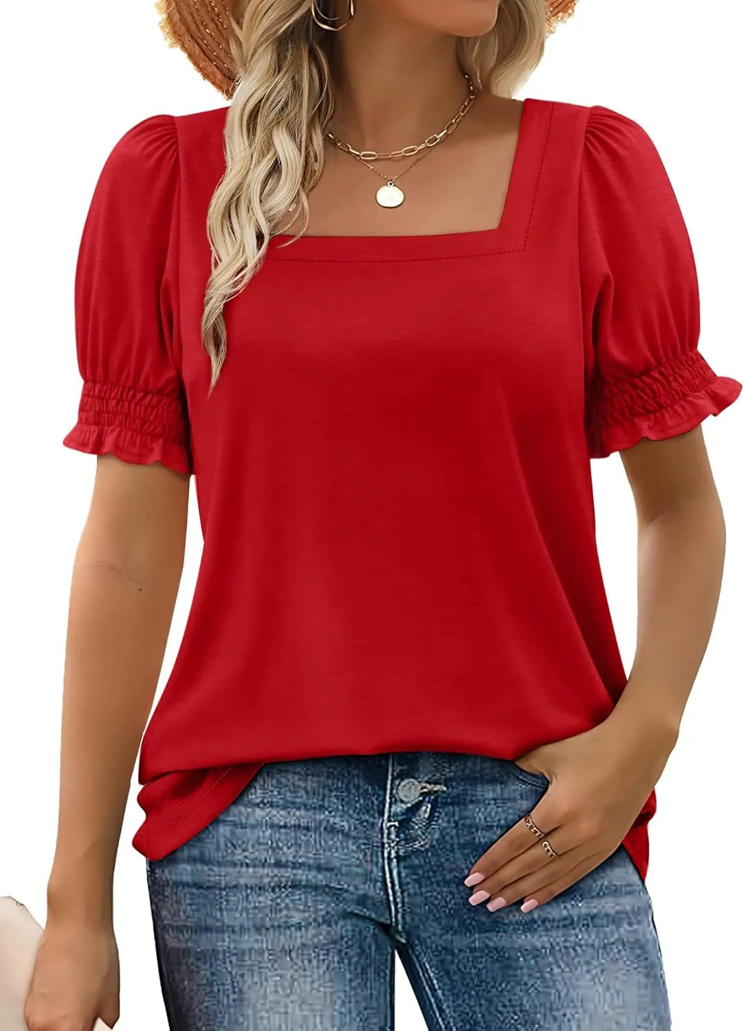 Spring And Summer New Fashion Simple U-neck Petal Sleeve Loose T-shirt - Sophinity