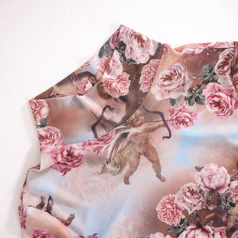 Round Collar Gauze See - through Printed Long Sleeve Dress - Sophinity