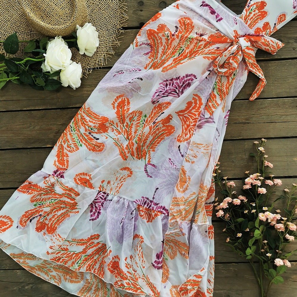 Printed Ruffle One Piece Swimming Costume Women Chiffon Maxi Dress - Sophinity