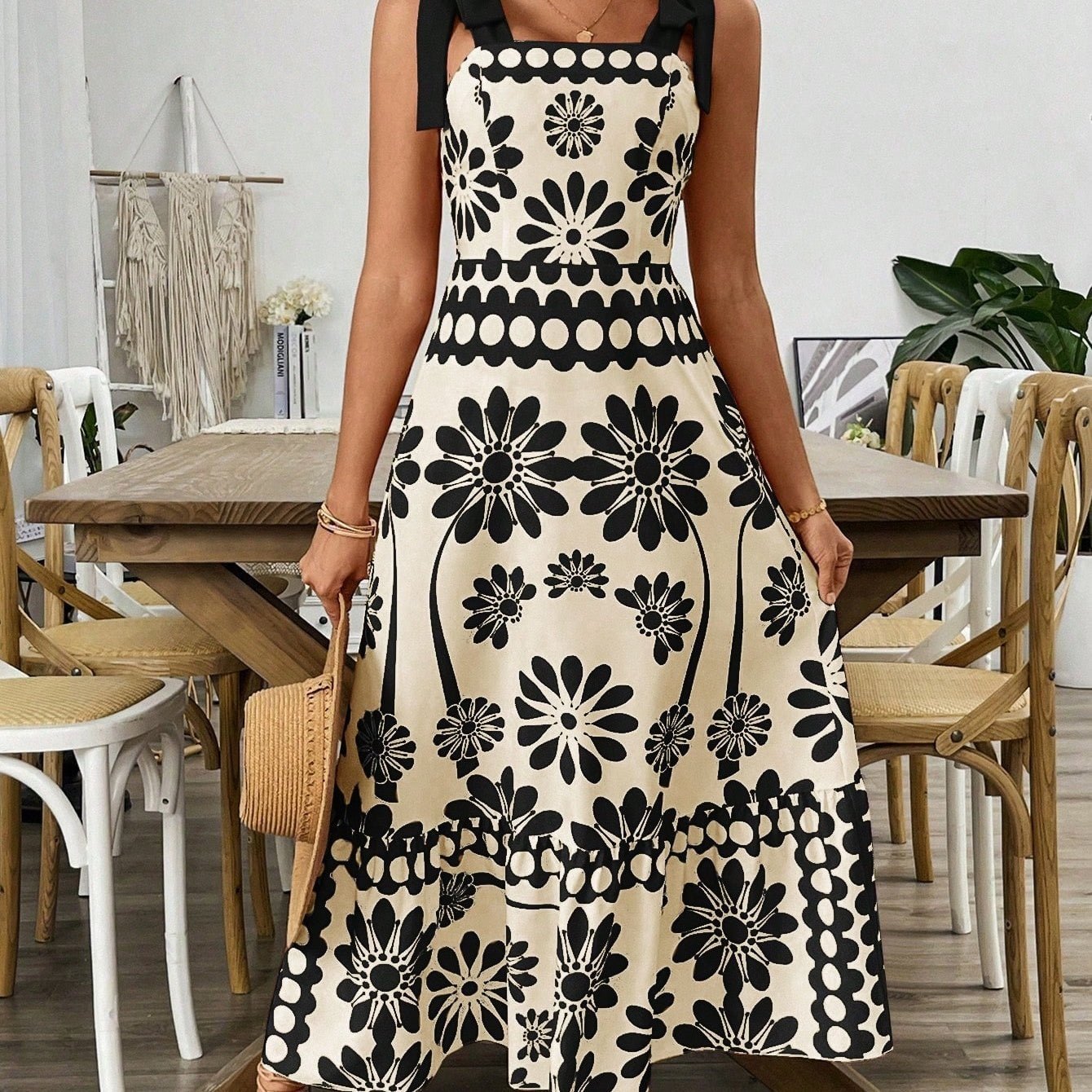 Casual Floral Print Shoulder Tie Waist Suspender Dress - Sophinity