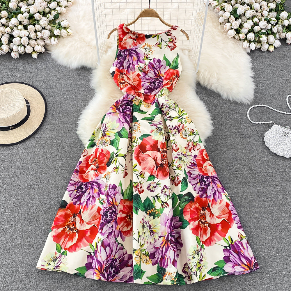 Retro Affordable Luxury Temperament Crew Neck Waist Slimming Printed Sleeveless A- Line Dress - Sophinity
