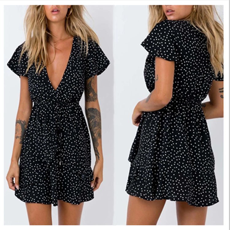 V - neck Polka Dot Waist Slimming Dress - Sophinity