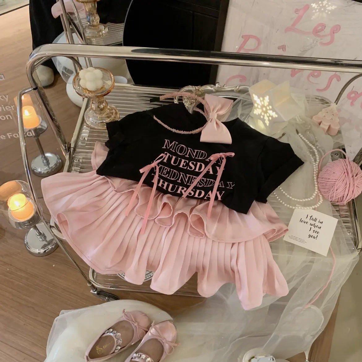 Girls' Pleated Skirt Western Style Letter T-shirt Two - piece Suit - Sophinity