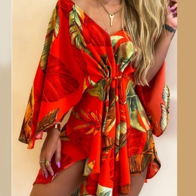 Autumn V - neck Irregular Batwing Sleeve Lace - up Dress - Sophinity