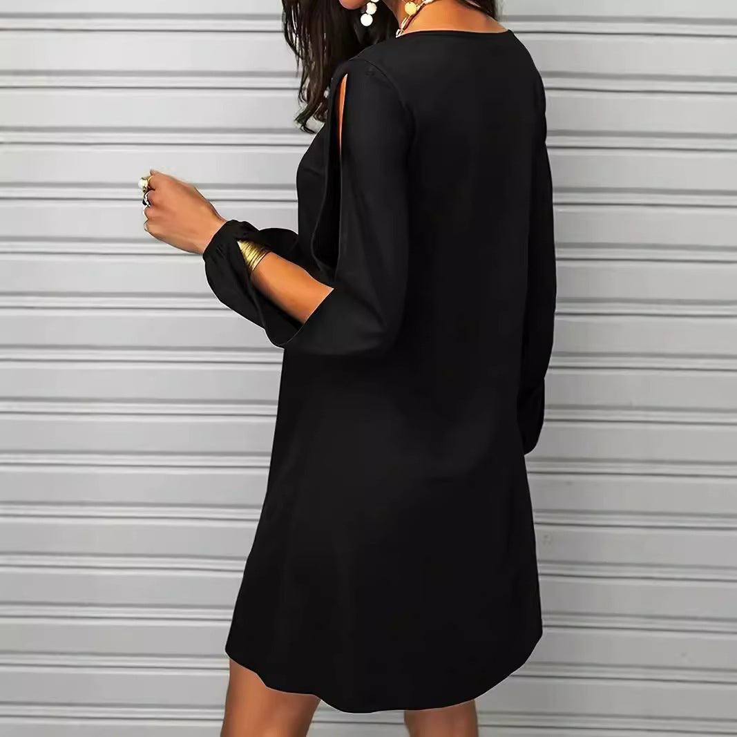 Deep Round Neck Loose Off - the - shoulder Long Sleeve Casual Beach Broken Dress - Sophinity