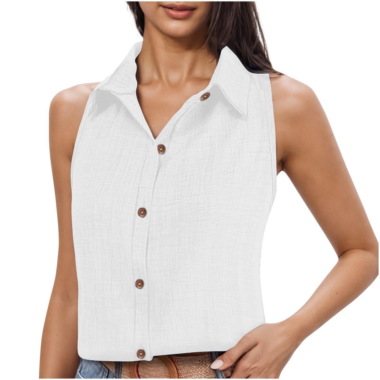 Lapel Cotton Linen Button Sleeveless Shirt Women's Clothing - Sophinity