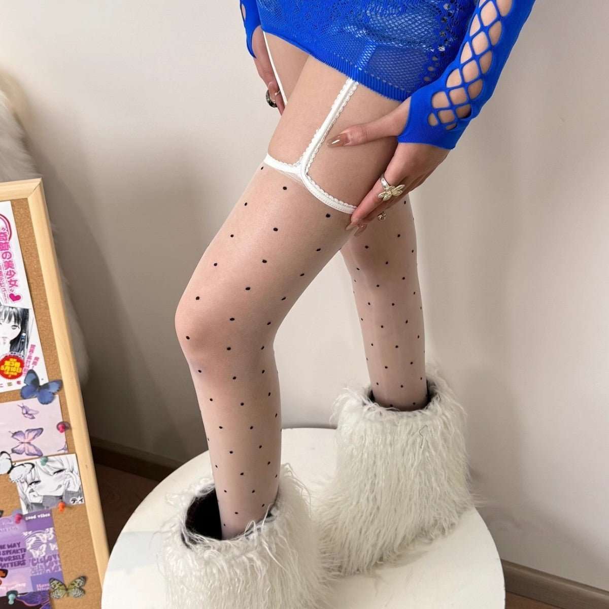 Aurora Polka Lace Shiny Suspenders Small Polka Dot Stockings - Sophinity