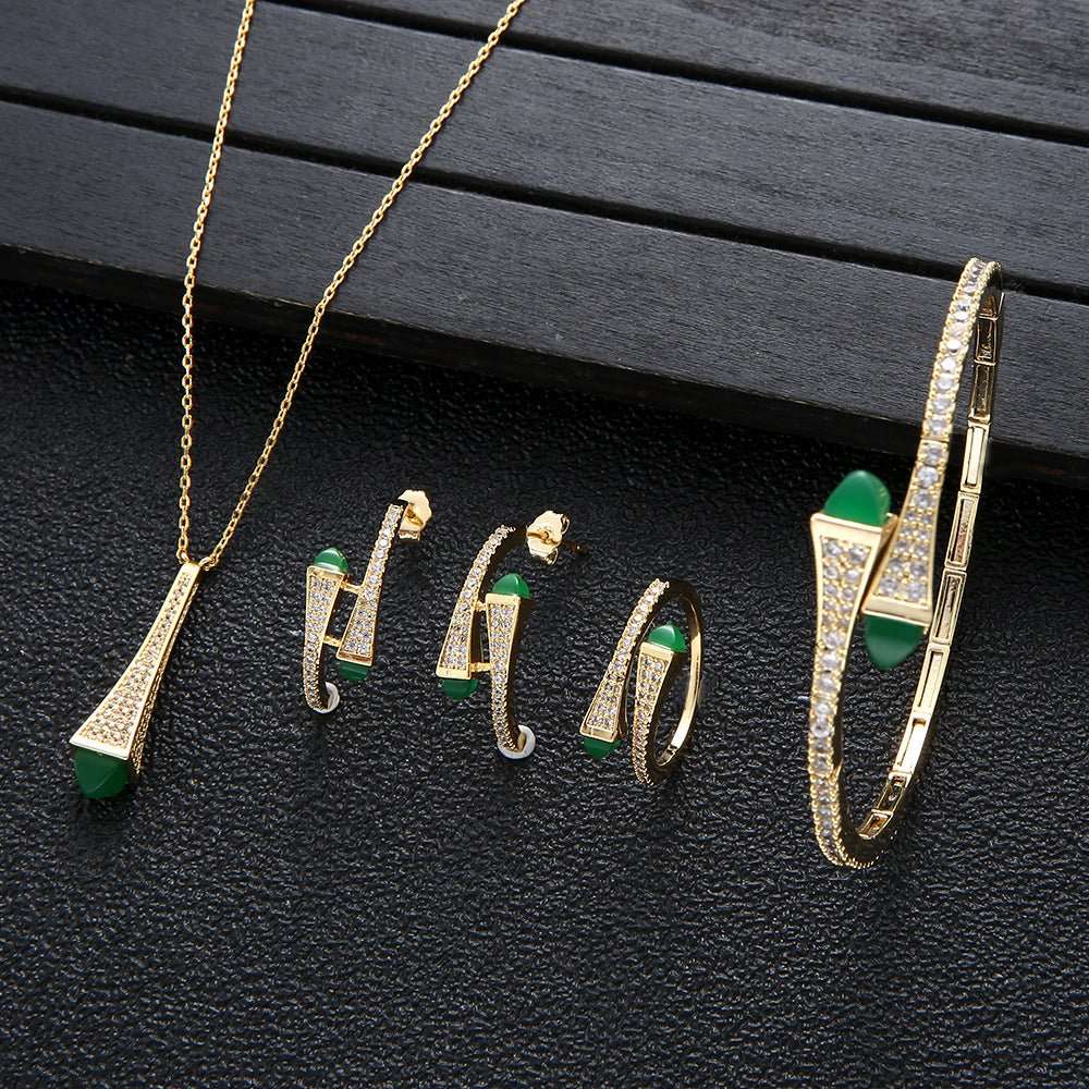 Vintage Turquoise Full Zirconium Necklace Earrings Ring Bracelet 4 Piece Set Women - Sophinity