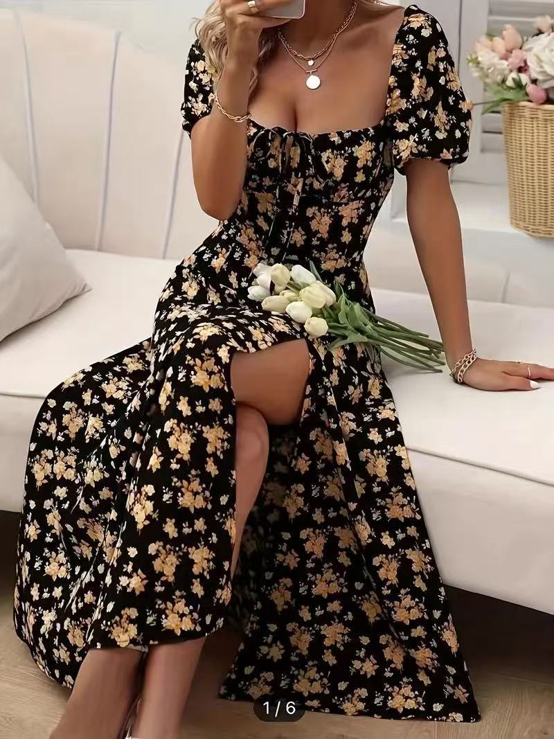 Floral Print Short Sleeve Split Dress Summer Fashion Lace-up Beach Long Dresses Women's Clothing - Sophinity