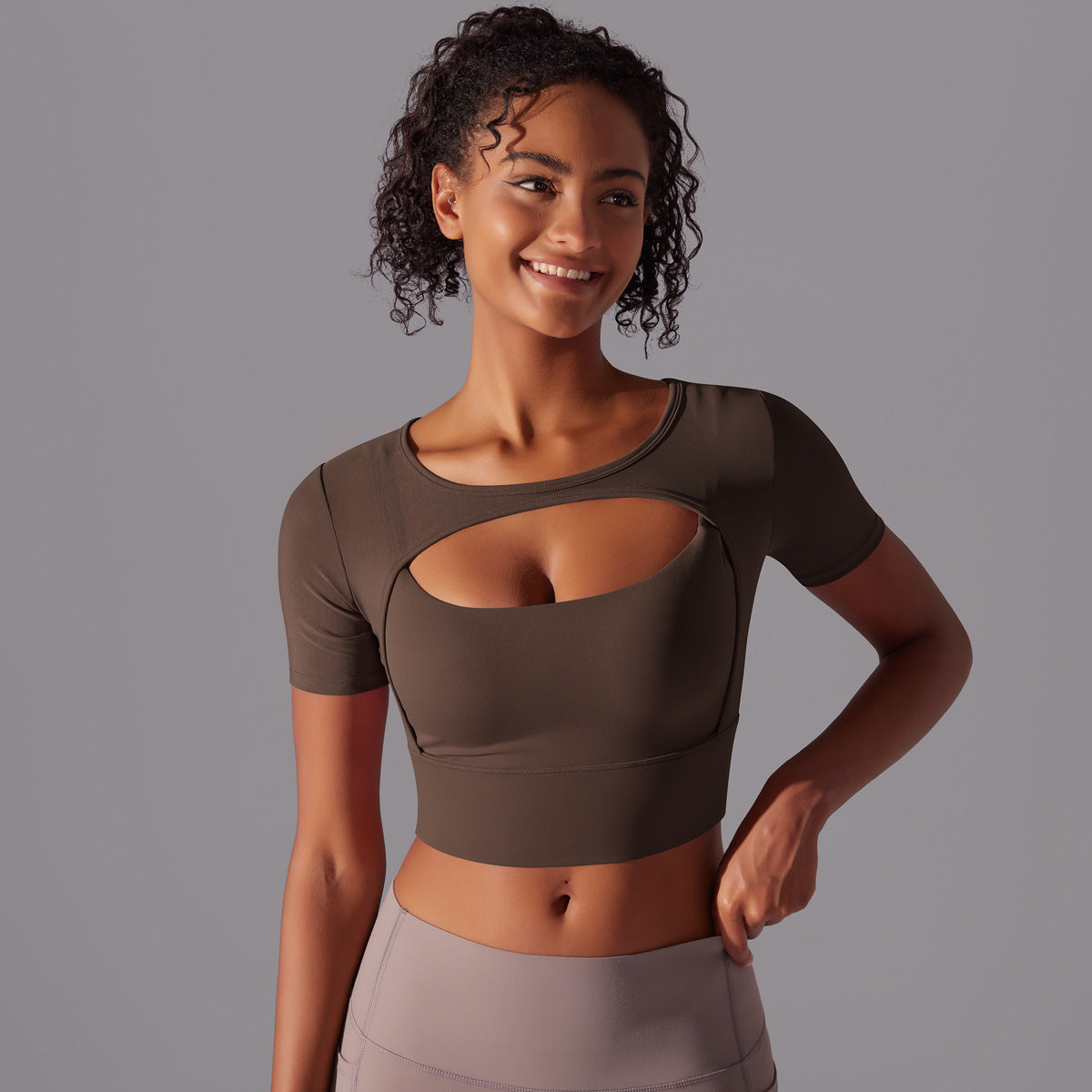 Double layer yoga top for women in olive green with stylish cutout design and short sleeves
