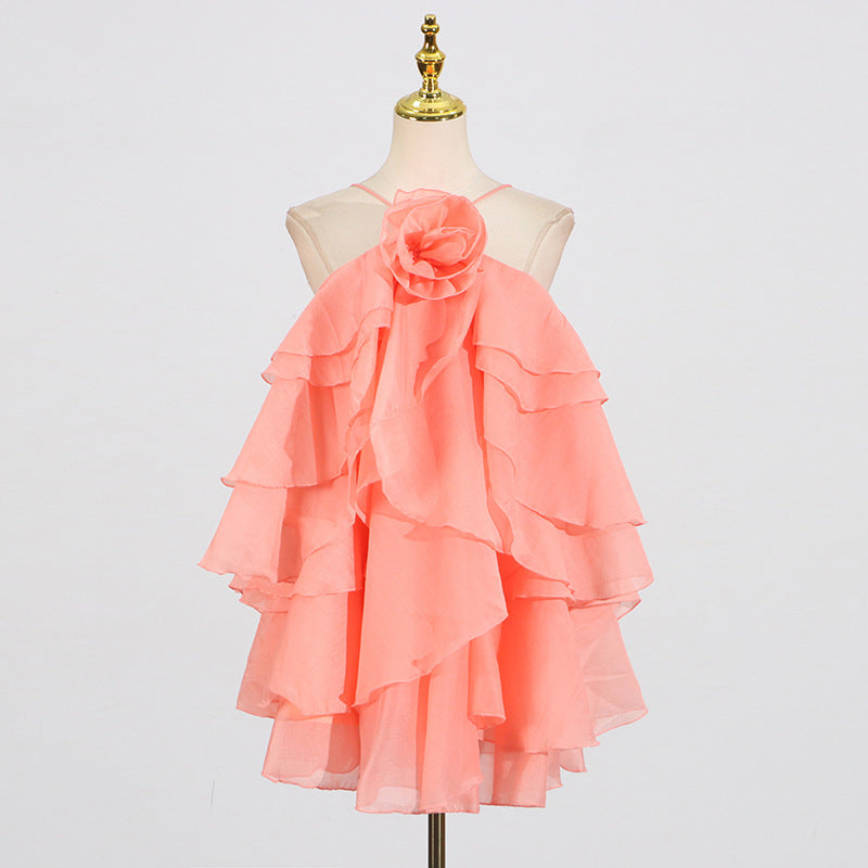Halter Three-dimensional Flower Design Lace-up Sleeveless Dress - Sophinity