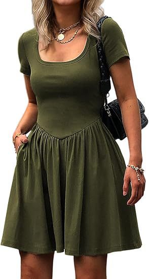 Short Sleeve Square Collar Elegant Women's Slim Fit Pure Color Slimming Dress - Sophinity
