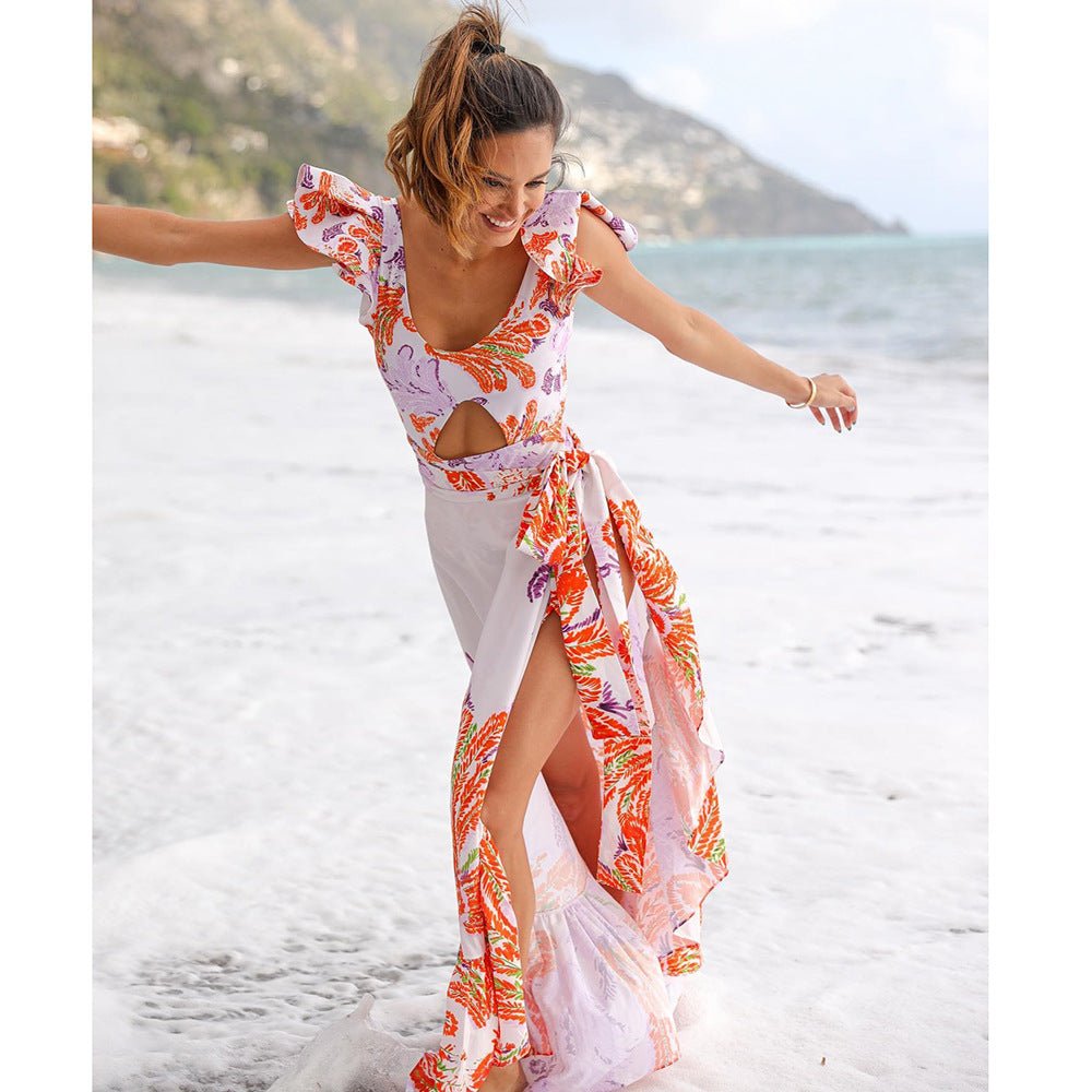 Printed Ruffle One Piece Swimming Costume Women Chiffon Maxi Dress - Sophinity