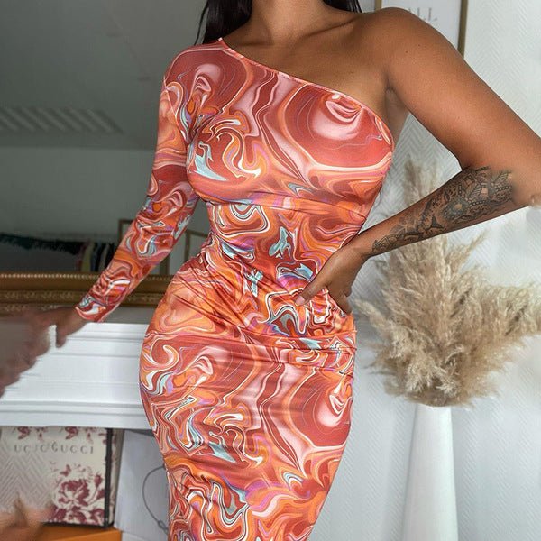 Fashion Printed Slanted Shoulder Long - sleeved Slim Slimming Dress - Sophinity