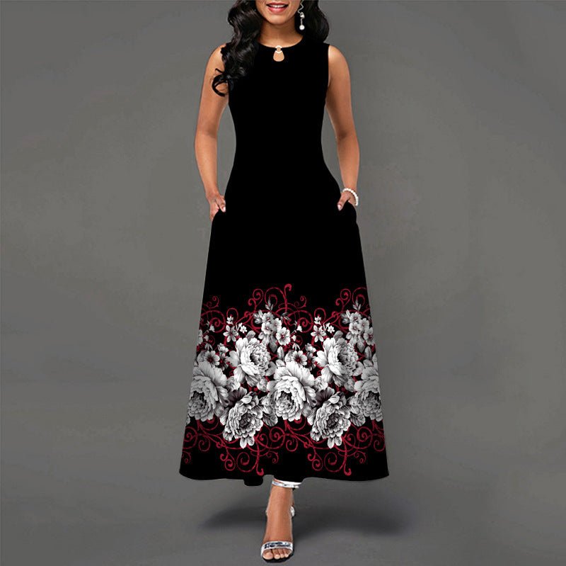 Black and White Color Block Floral Print Maxi Dress - Sophinity
