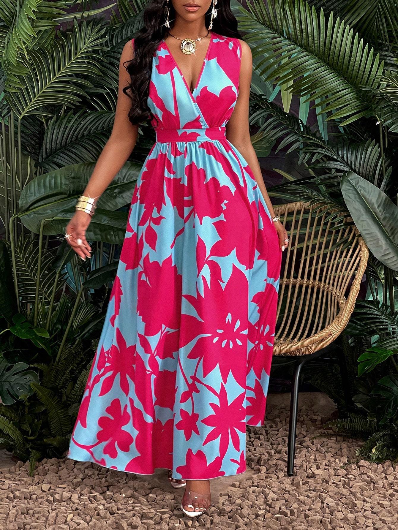 Print Deep V Neckline Cinched Waist Fit And Flare Dress Maxi Women Outfit - Sophinity