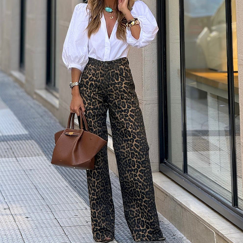 Women's Fashion Temperament Leopard Print Straight Casual Trousers - Sophinity
