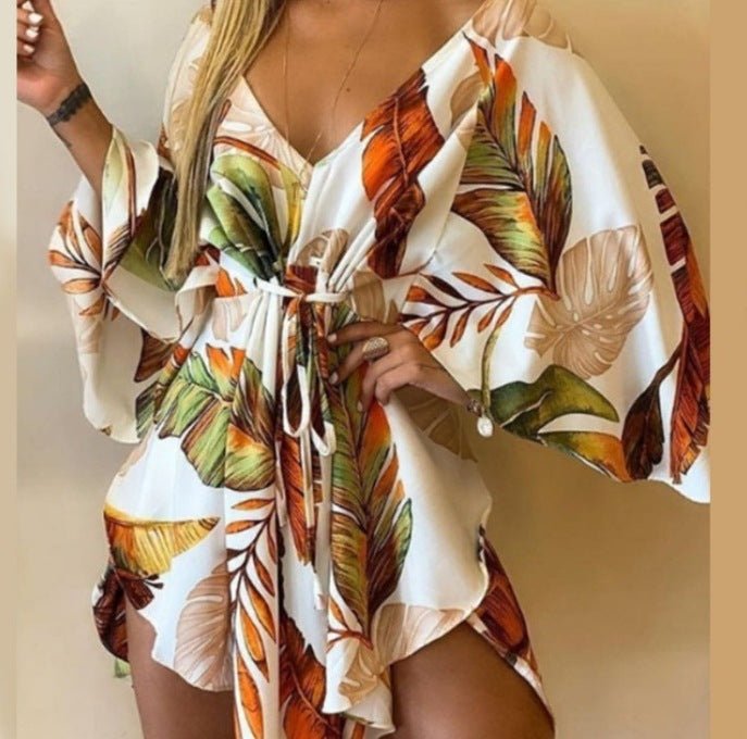 Autumn V - neck Irregular Batwing Sleeve Lace - up Dress - Sophinity