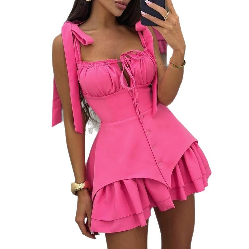 Bow Tie Breasted Irregular Spaghetti-strap Dress - Sophinity