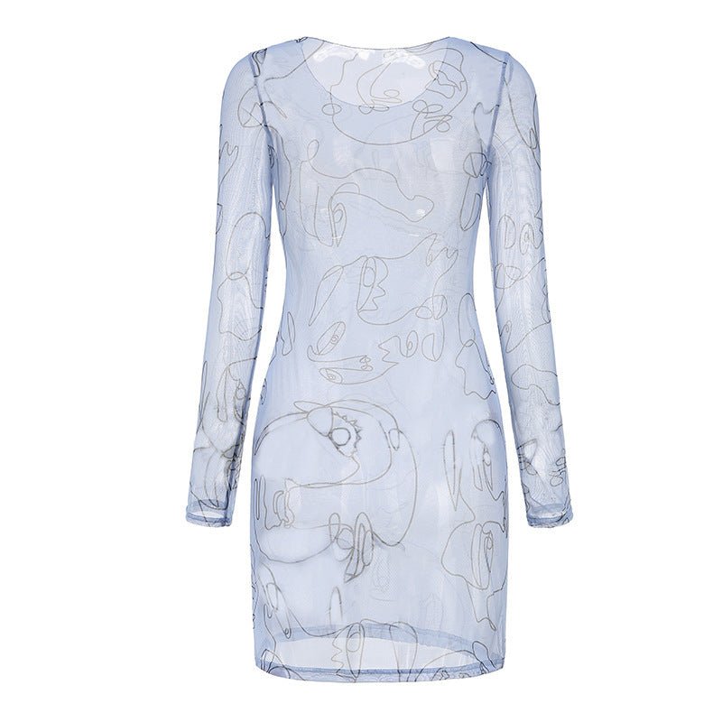 Women's Round Neck Long Sleeve Art Graffiti Slim Dress - Sophinity