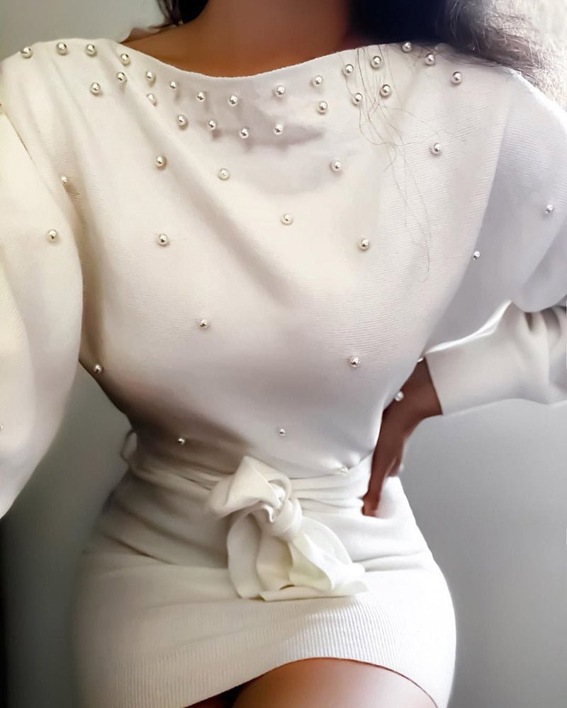 Beaded Slim Belt Slim Long Sleeve Solid Color Ladies Dress - Sophinity