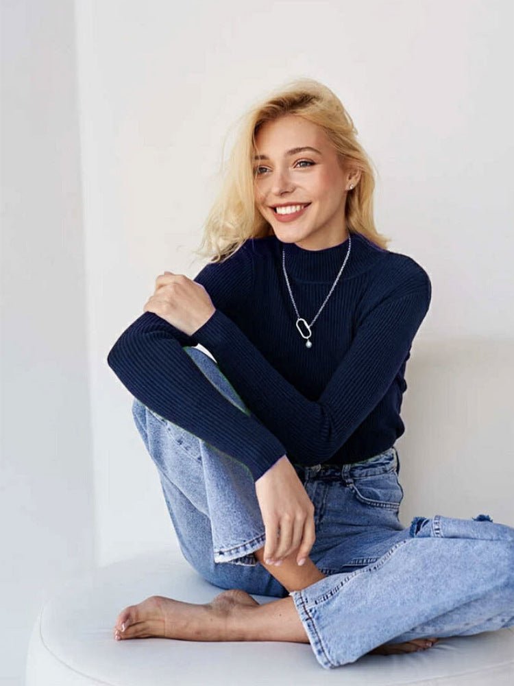 Women's Fashion Simple Pure Color Half Collar Sweater - Sophinity