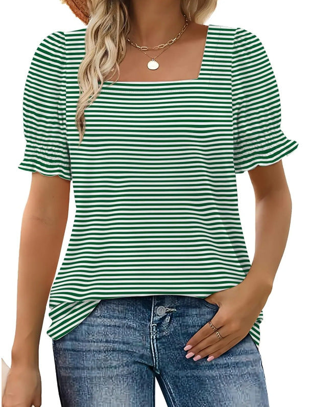 Spring And Summer New Fashion Simple U-neck Petal Sleeve Loose T-shirt - Sophinity